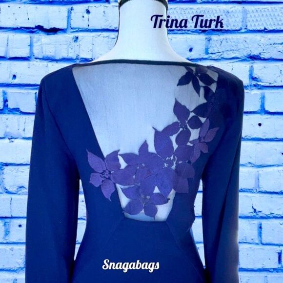 TRINA TURK NWT ENGAGING BELL SLEEVE MESH EMBROIDERY BACK SHEATH DRESS PURPLE 4 - Picture 8 of 12